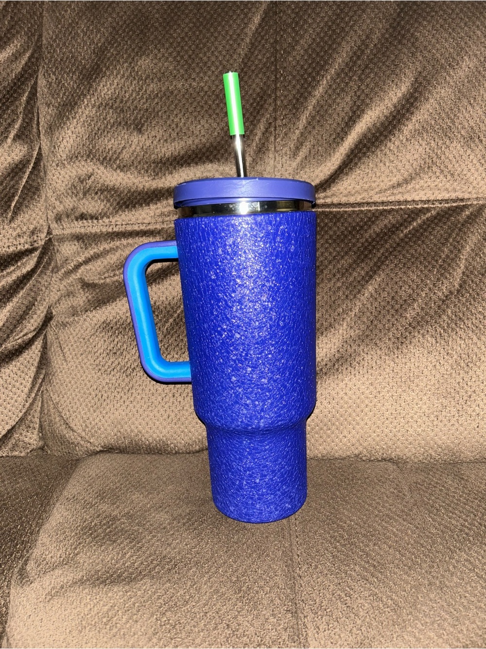 Royal Blue Textured Travel Mug with Handle and Reusable Straw